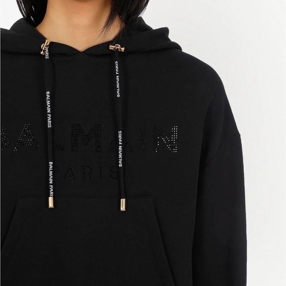 Balmain Black Hoodie with Gold Details & rhinestone Cotton Hoodie